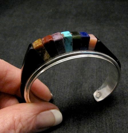 Image 6 of One of a Kind Hopi Multi Stone Inlay Bracelet, Bennard & Frances Dallasvuyaoma