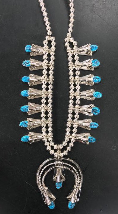 Image 0 of Navajo Native American Turquoise Squash Blossom Necklace Earrings, Louise Yazzie