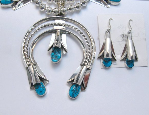 Image 2 of Navajo Native American Turquoise Squash Blossom Necklace Earrings, Louise Yazzie
