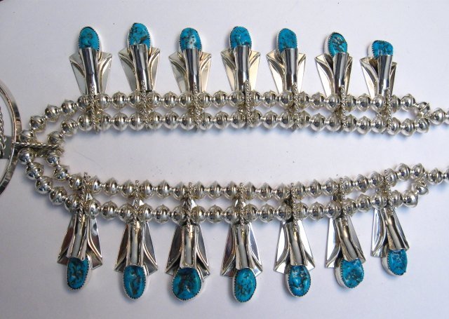 Image 5 of Navajo Native American Turquoise Squash Blossom Necklace Earrings, Louise Yazzie