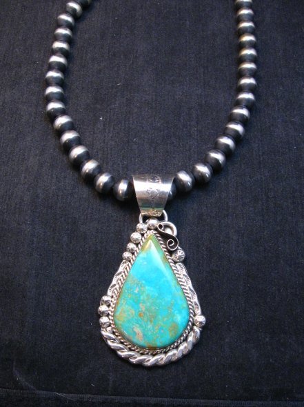 Image 3 of Big Native American Navajo Kingman Turquoise Silver Pendant, Augestine Largo