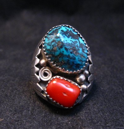 Image 0 of Navajo Native American Turquoise Coral Silver Ring Sz10