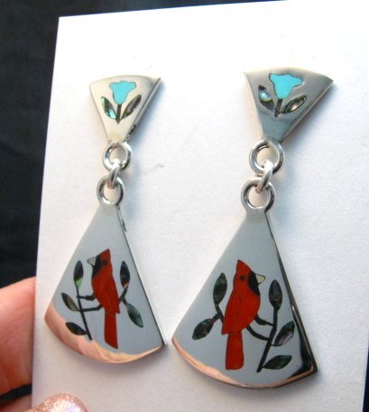 Image 0 of Zuni Cardinal 2-Pc Silver Dangle Earrings Turquoise Flower Tops, Sanford Edaakie
