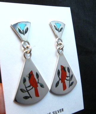 Image 1 of Zuni Cardinal 2-Pc Silver Dangle Earrings Turquoise Flower Tops, Sanford Edaakie