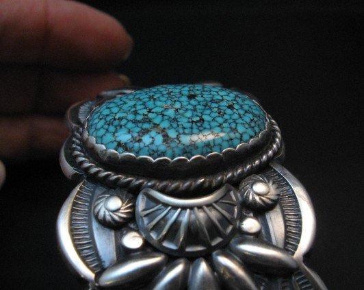 Image 9 of Heavy Navajo Native American Kingman Web Turquoise Bracelet, Gilbert Tom