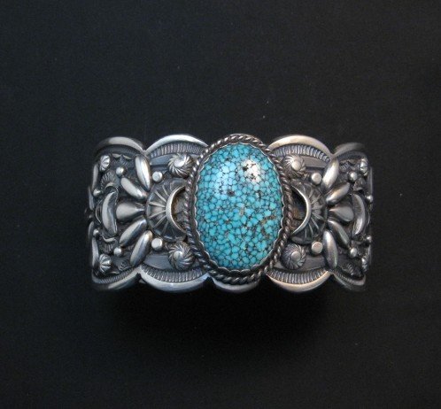 Image 10 of Heavy Navajo Native American Kingman Web Turquoise Bracelet, Gilbert Tom