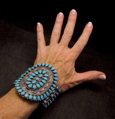 Image 4 of Huge Navajo Native American Silver Turquoise Cluster Bracelet, Anthony Skeets