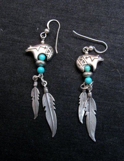 Image 1 of Vintage Southwestern Turquoise Bear Feather Dangle Earrings 