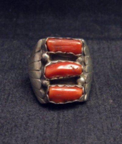 Image 0 of Navajo Native American Triple Coral Silver Ring sz10-1/2, Marlene Martinez