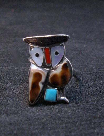 Image 0 of Zuni Multi Stone Inlay Owl Ring by Pitkin Natewa, sz8-1/2