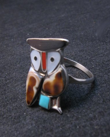 Image 1 of Zuni Multi Stone Inlay Owl Ring by Pitkin Natewa, sz8-1/2