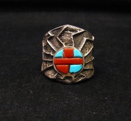 Image 0 of Unique Navajo Tufa Cast Turquoise Coral Inlay Ring sz8, Merle House