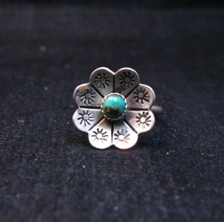 Image 0 of Vintage Native American Turquoise Silver Flower Ring sz6
