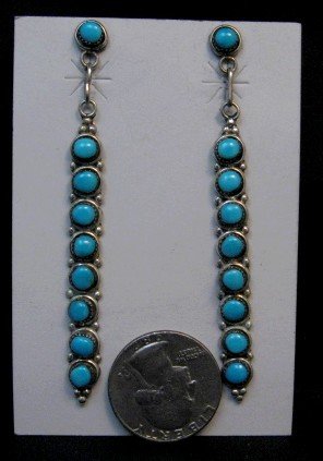 Image 1 of Long Zuni Turquoise Sterling Silver Earrings, Verde Booqua