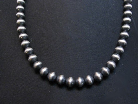 Image 1 of Native American 8mm Bead Navajo Pearls Sterling Silver Necklace 20inch
