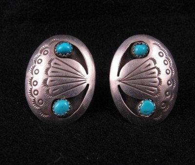 Image 0 of Navajo Dead Pawn Turquoise Silver Cut-out Earrings - Clipons