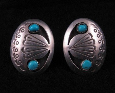 Image 2 of Navajo Dead Pawn Turquoise Silver Cut-out Earrings - Clipons