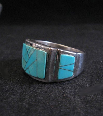 Image 1 of Navajo Turquoise Inlaid Sterling Silver Ring sz11-1/2, Calvin Begay