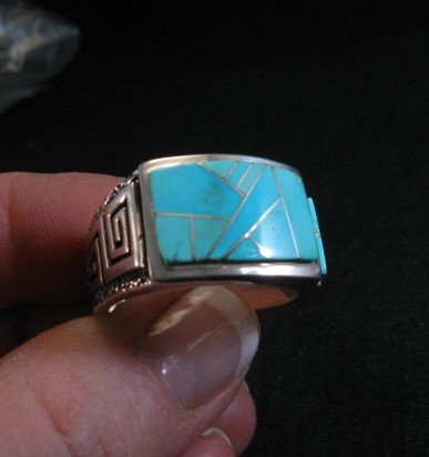 Image 2 of Navajo Turquoise Inlaid Sterling Silver Ring sz11-1/2, Calvin Begay