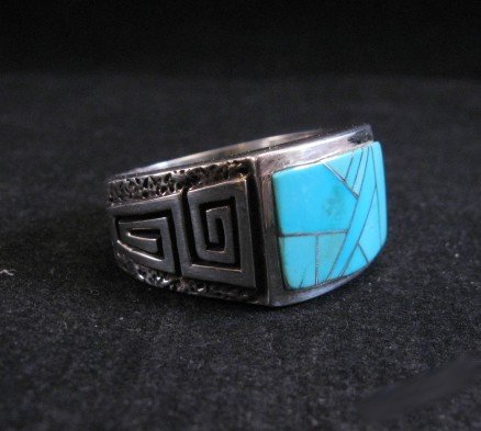 Image 3 of Navajo Turquoise Inlaid Sterling Silver Ring sz11-1/2, Calvin Begay