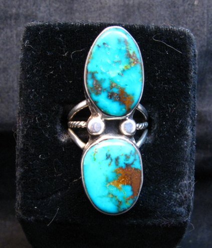 Navajo Orville Tsinnie & Co. Double Turquoise Sterling Silver Ring sz8