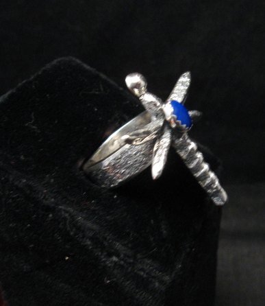Image 1 of Navajo Lapis Dragonfly Tufacast Silver Ring, Gary Custer sz8-1/4