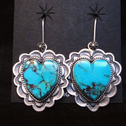 Image 1 of Native American Navajo Turquoise Silver Heart Earrings, Donovan Cadman