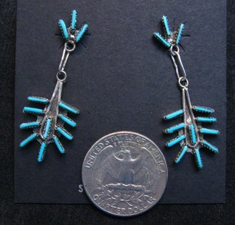 Image 1 of Zuni Turquoise Needlepoint Silver Dangle Earrings