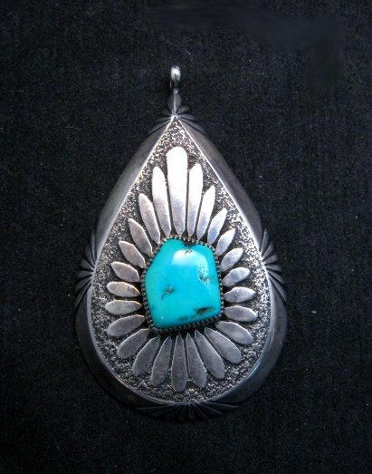 Image 0 of Big Vintage Pawn Navajo Native American Turquoise Silver Pendant, Eddy Chaco