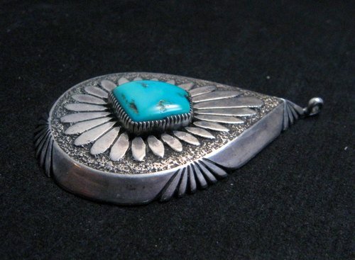 Image 1 of Big Vintage Pawn Navajo Native American Turquoise Silver Pendant, Eddy Chaco