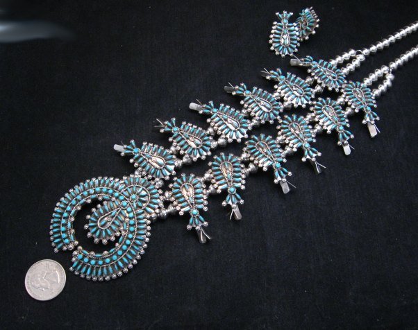 Image 2 of Zuni Turquoise Needlepoint Squash Blossom Necklace Earrings Set, D&M Chavez