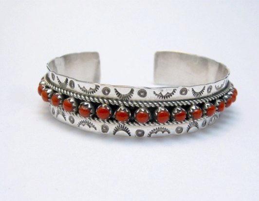 Image 0 of Zuni Native American Coral Snake Eye Cuff Bracelet, Pearl Ukestine 