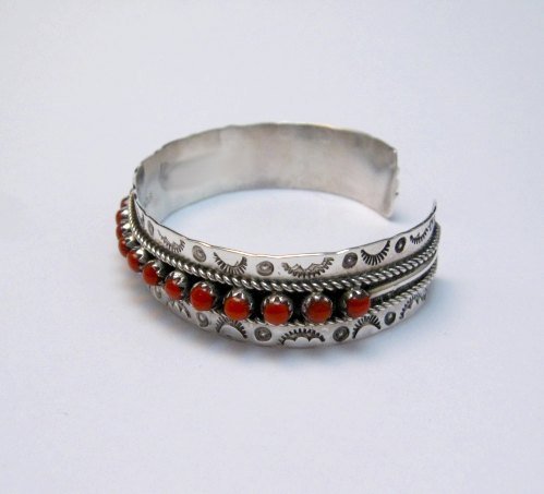 Image 1 of Zuni Native American Coral Snake Eye Cuff Bracelet, Pearl Ukestine 