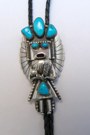 Image 0 of Big Navajo Turquoise Silver Kachina Bolo - Doris Smallcanyon
