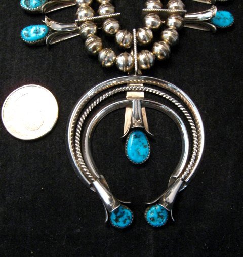 Image 5 of Navajo Native American Turquoise Squash Blossom Necklace Set, Doris Smallcanyon