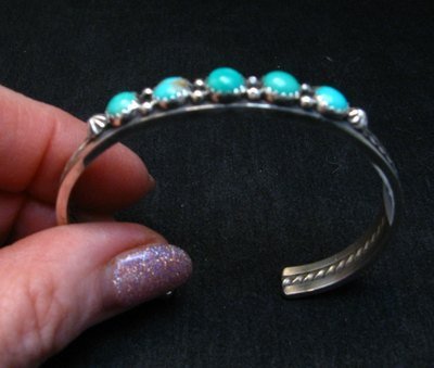 Image 1 of Narrow Navajo Sterling Silver Turquoise Stacker Cuff Bracelet, Ray King