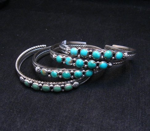 Image 3 of Narrow Navajo Sterling Silver Turquoise Stacker Cuff Bracelet, Ray King