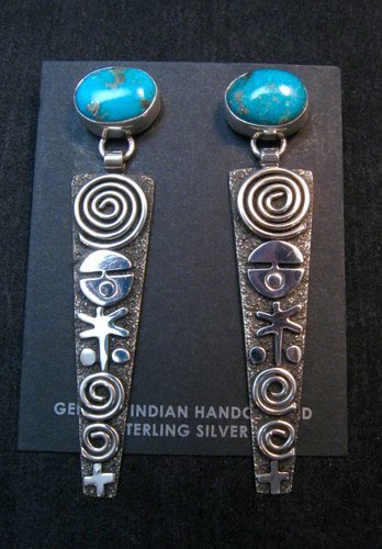 Image 0 of Navajo Alex Sanchez Turquoise Silver Petroglyph Earrings