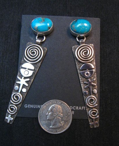 Image 2 of Navajo Alex Sanchez Turquoise Silver Petroglyph Earrings