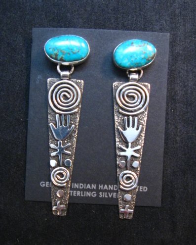 Image 3 of Long Navajo Alex Sanchez Turquoise Silver Petroglyph Earrings