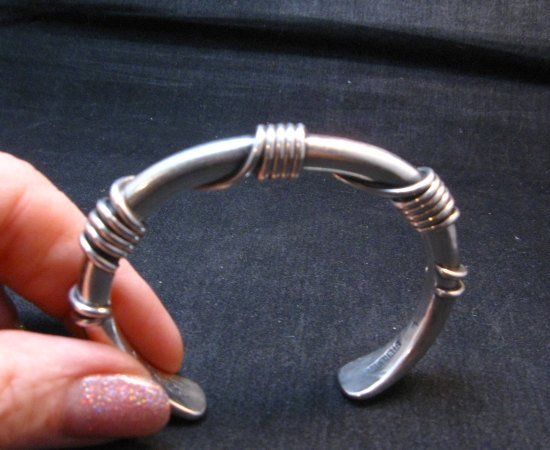 Image 1 of Vintage Heavy Navajo Orville Tsinnie Sterling Silver Wire Wrap Bracelet, Large