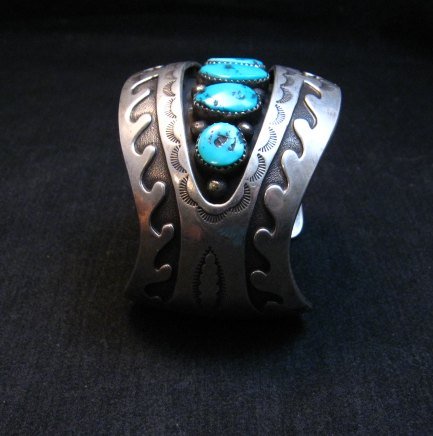 Image 2 of Vintage Pawn Navajo Turquoise Shadow Box Cuff Bracelet signed H.S.B