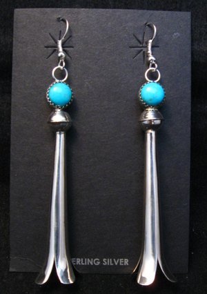 Image 0 of Extra Long Doris Smallcanyon Navajo Turquoise Silver Squash Blossom Earrings