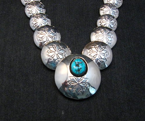 Image 1 of Navajo Native American Hollow Silver Disk Bead Turquoise Necklace Earrings