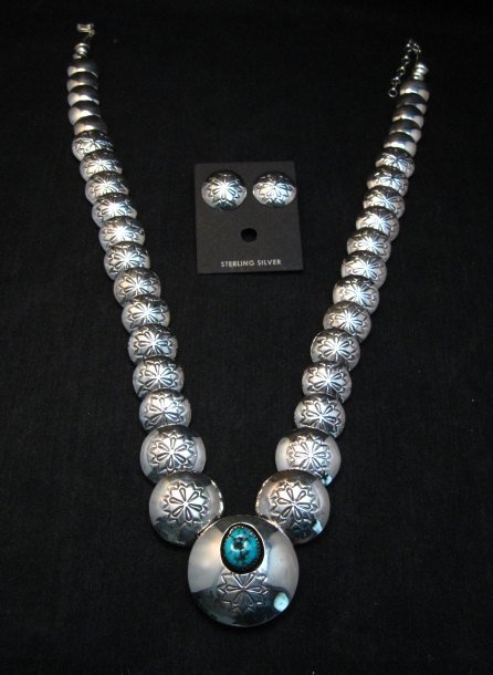 Image 2 of Navajo Native American Hollow Silver Disk Bead Turquoise Necklace Earrings
