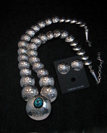 Image 3 of Navajo Native American Hollow Silver Disk Bead Turquoise Necklace Earrings