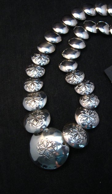 Image 4 of Navajo Native American Hollow Silver Disk Bead Turquoise Necklace Earrings