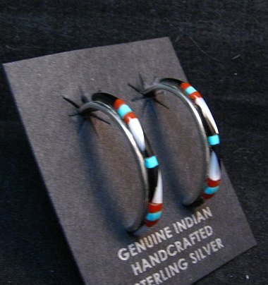 Image 0 of Narrow Native American Zuni Multi Gem Inlay Hoop Earrings 