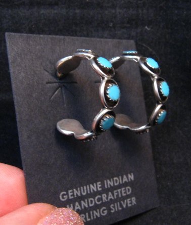 Image 1 of Zuni Sleeping Beauty Turquoise Sterling Silver Hoop Earrings 