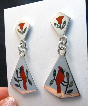 Image 1 of Zuni Cardinal 2-Pc Silver Dangle Earrings Red Flower Tops, Sanford Edaakie